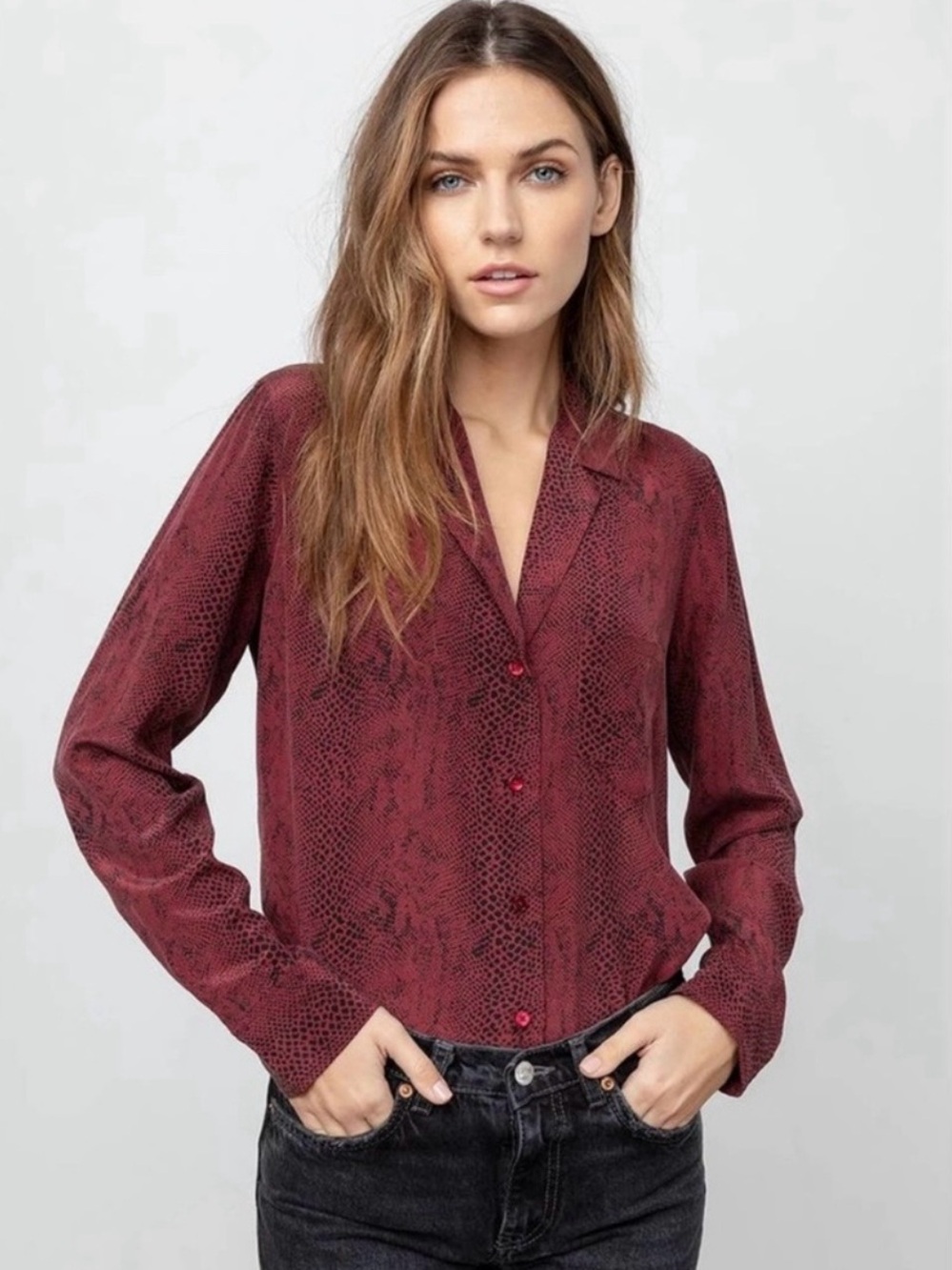 Rails Rebel Red Python Burgundy and Black Animal-Print Blouse, Size S